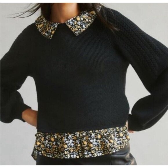 Maeve Anthropologie Black Cable Knit Floral Collar Twofer Sweater, Size XS - Picture 1 of 11